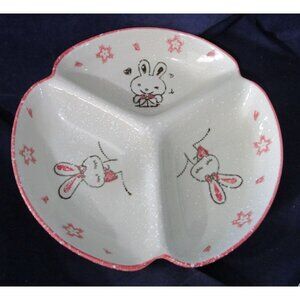 Happy Heart Bunny Divided Server Childs Bowl Pink Cream Spatter EUC